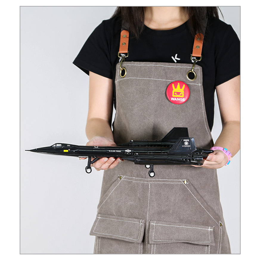 WANGE SR-71 Blackbird building blocks reconnaissance aircraft model shown for assembled size reference, highlighting the sleek black finish, long fuselage, twin-engine design, and landing gear