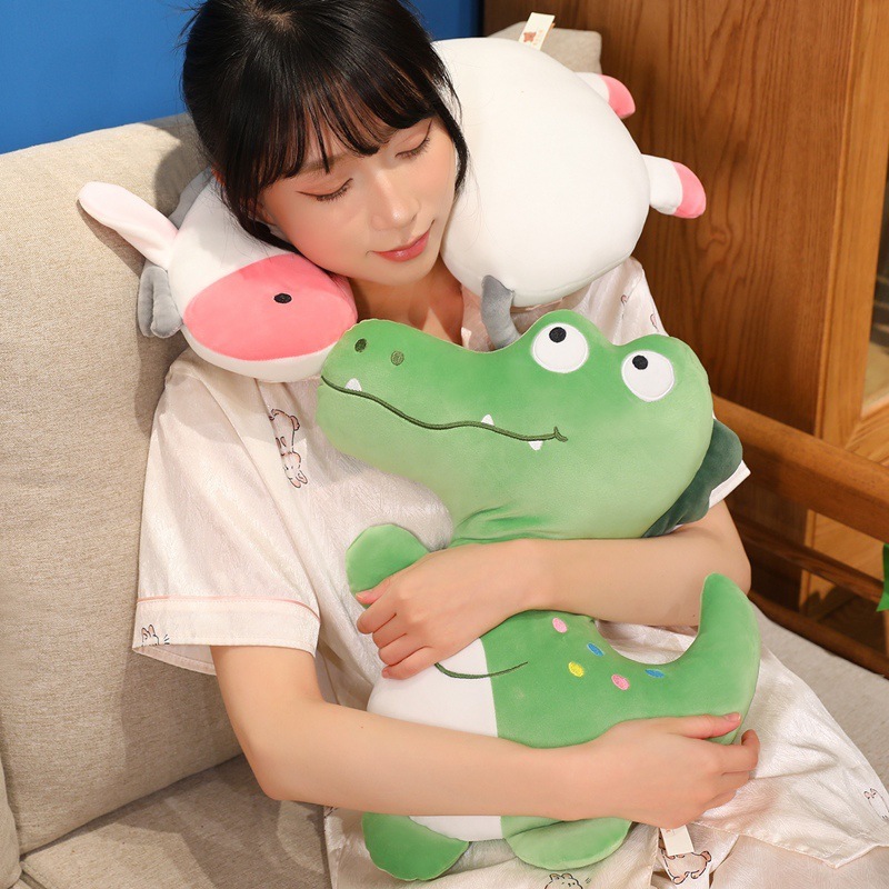 White Zebra and Green Crocodile Plush Pillows shown for hugging, relaxing, and everyday comfort in a cozy living space
