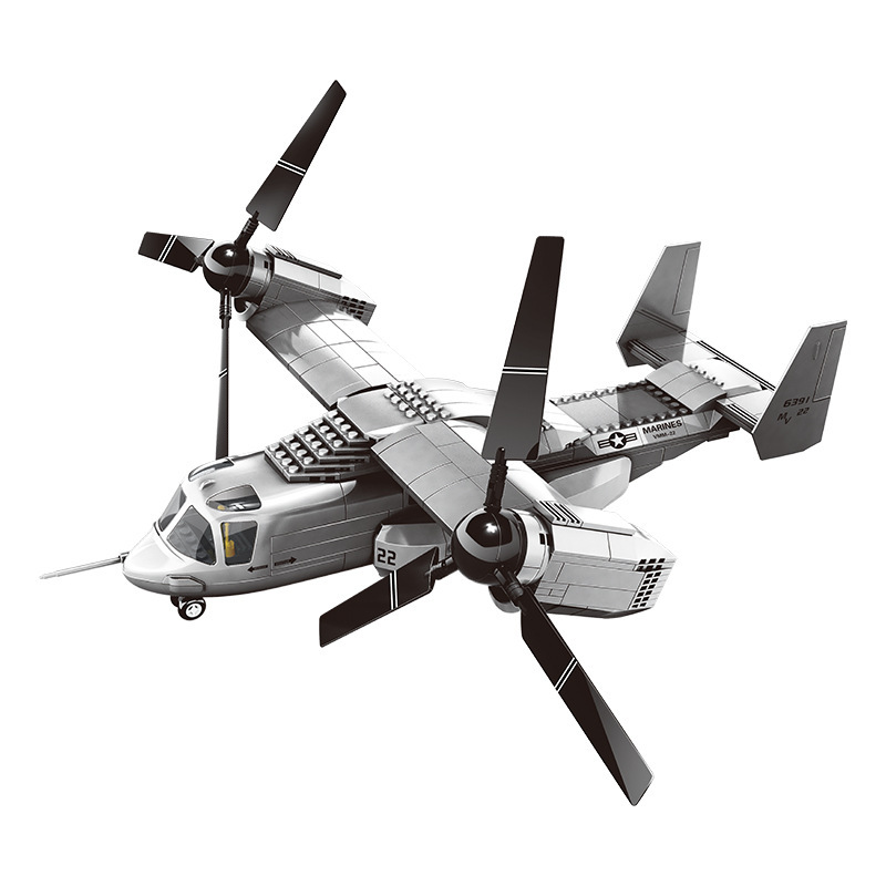 WANGE V-22 Osprey building blocks tiltrotor aircraft model with rotating propellers, detailed cockpit, landing gear, and realistic military aircraft design on a white background