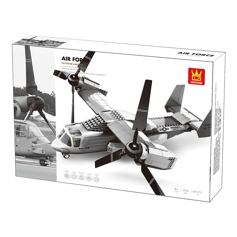 WANGE V-22 Osprey Building Blocks retail box featuring the tiltrotor aircraft model, shown for product packaging and box design reference
