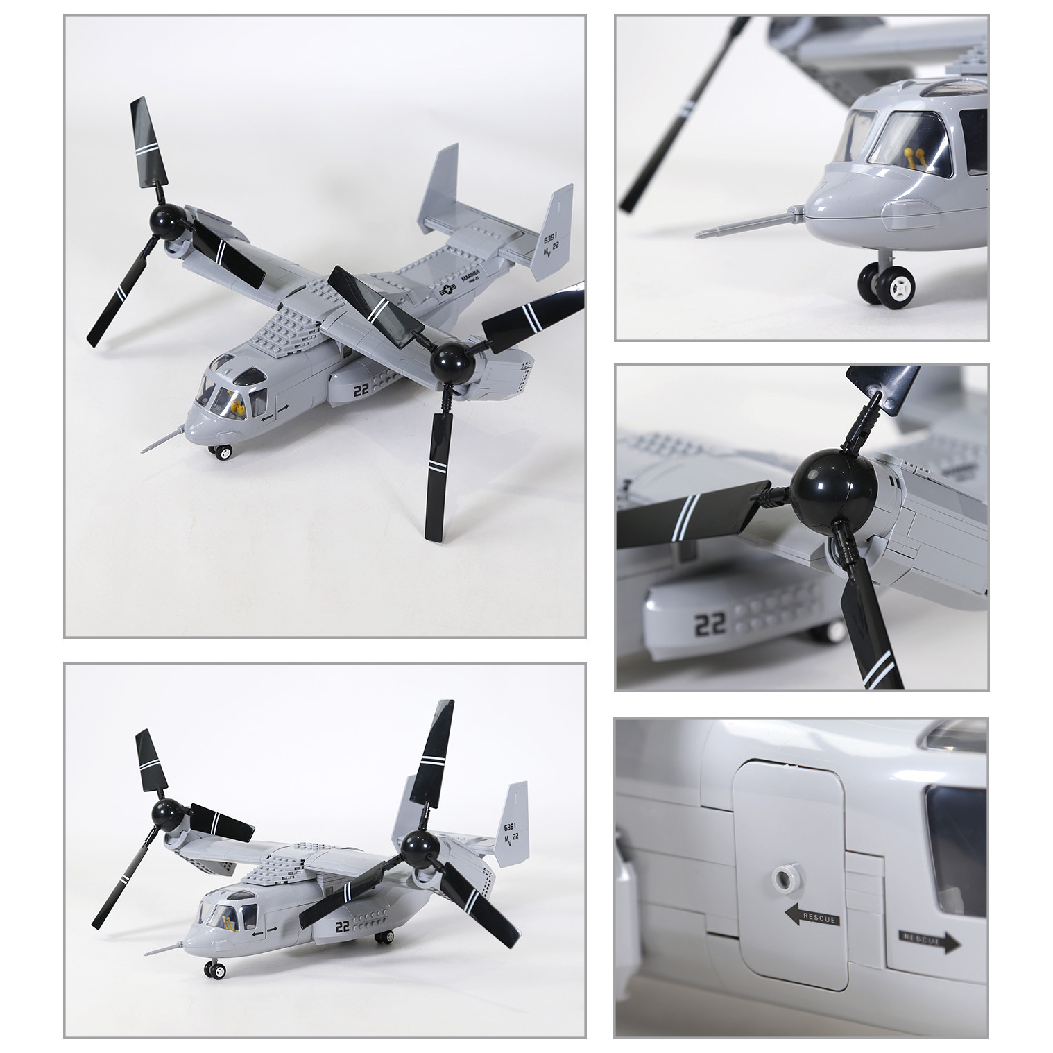 WANGE V-22 Osprey building blocks tiltrotor aircraft model showcasing multiple views, including the rotating propellers, detailed cockpit, landing gear, fuselage, and realistic military aircraft details