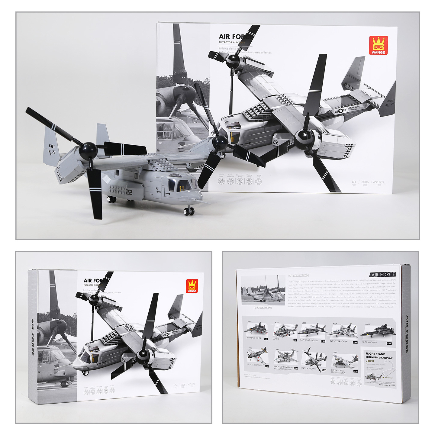 WANGE V-22 Osprey Building Blocks tiltrotor aircraft model displayed with the retail box, showcasing the assembled aircraft along with the front and back packaging design