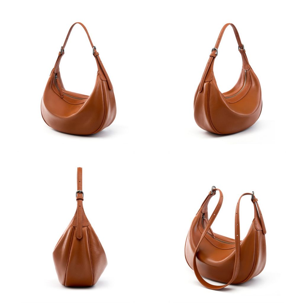 Luna Genuine Leather Hobo Bag in Caramel – Multiple Angles