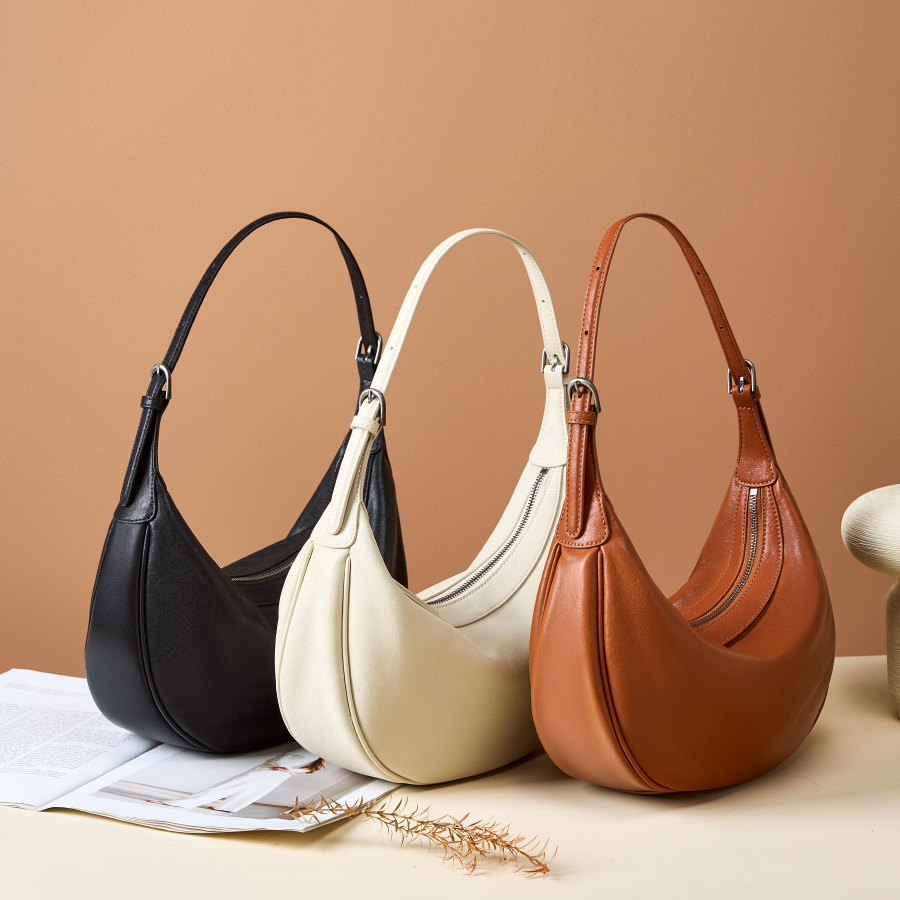 Luna Leather Hobo Bag in Black, Off-White, Caramel – group view