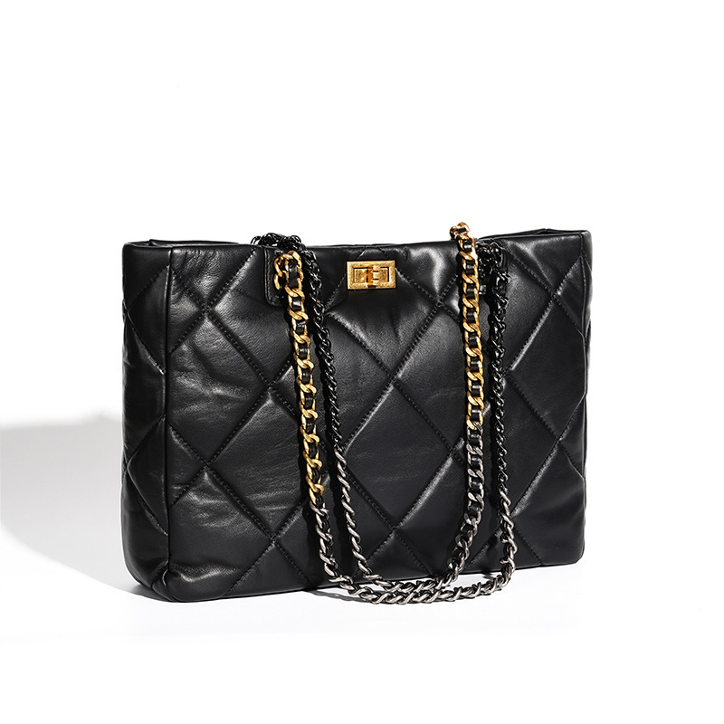 Elegant Quilted Leather Chain Tote Bag in Black – Angled View
