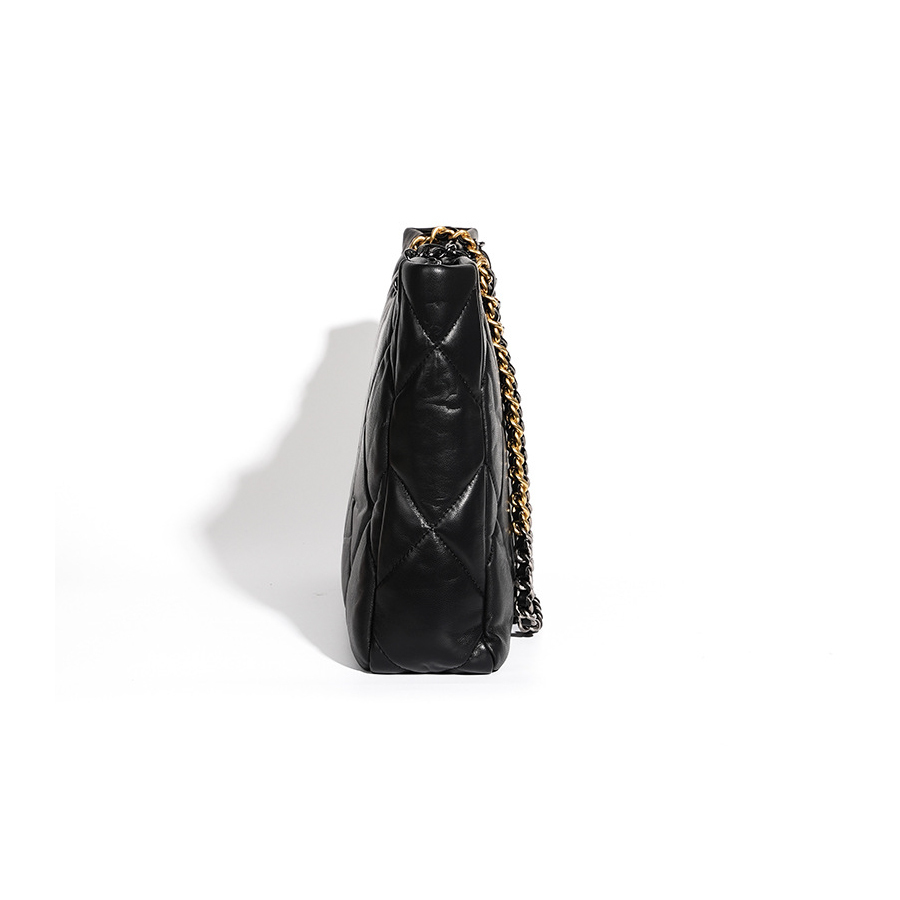Elegant Quilted Leather Chain Tote Bag in Black – Side View