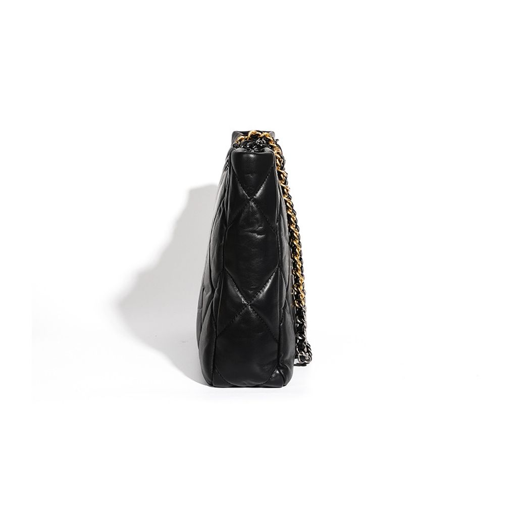 Elegant Quilted Genuine Leather Chain Tote Bag in Black – Side View