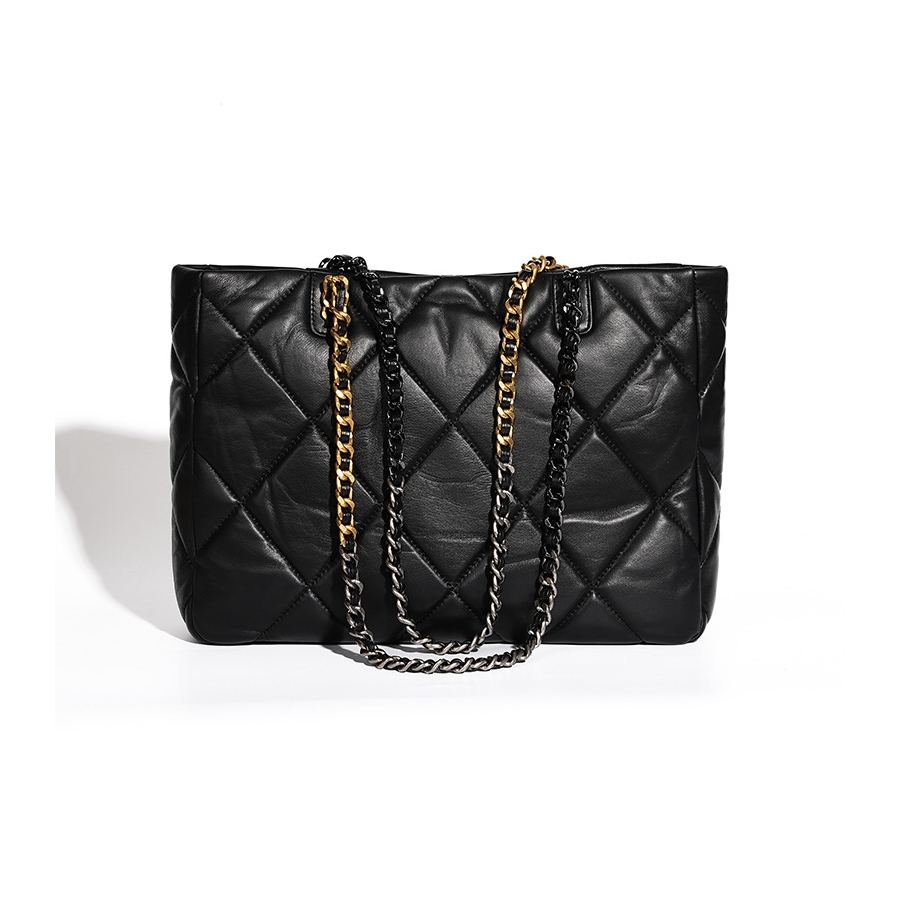 Elegant Quilted Leather Chain Tote Bag in Black – Back View