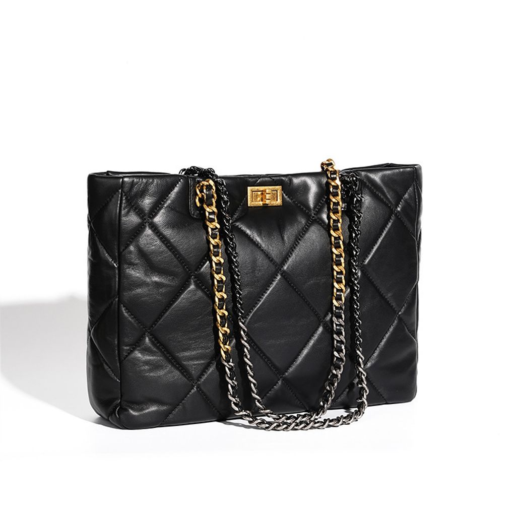 Elegant Quilted Genuine Leather Chain Tote Bag – Black