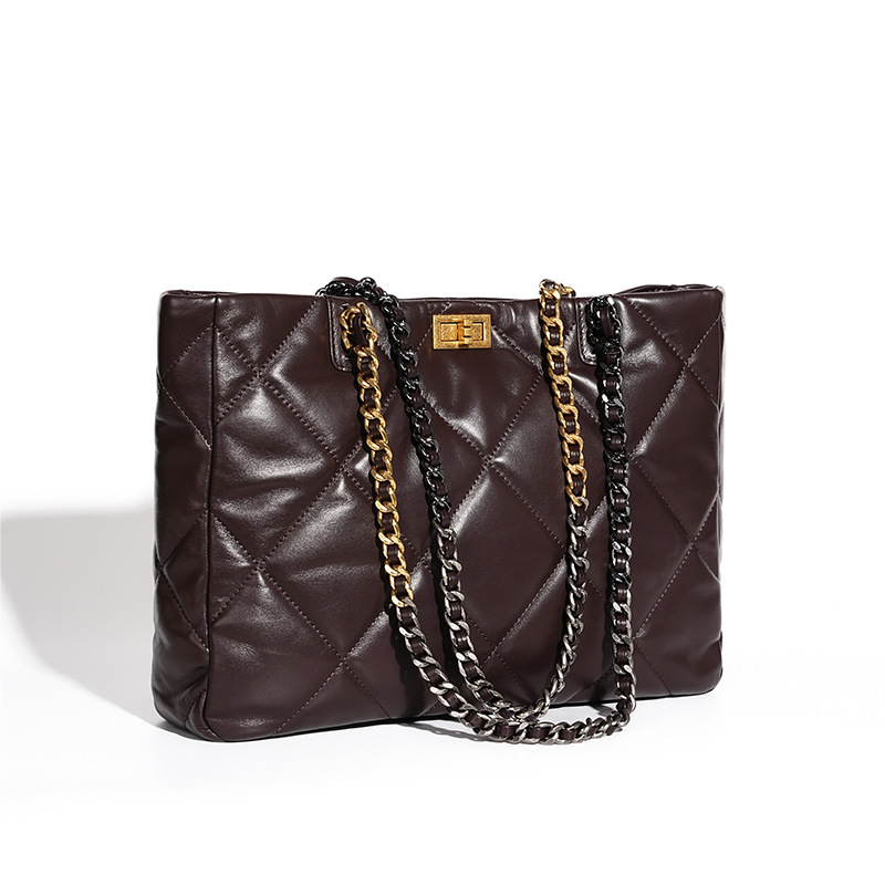 Elegant Quilted Leather Chain Tote Bag – Coffee