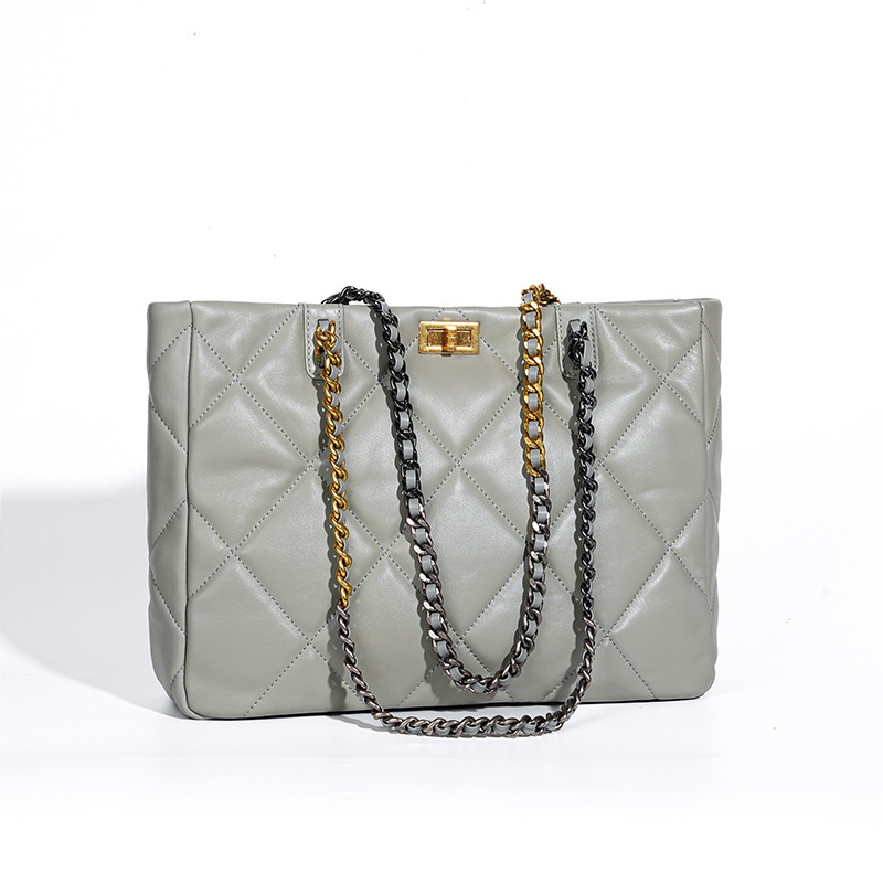 Elegant Quilted Leather Chain Tote Bag – Haze Blue