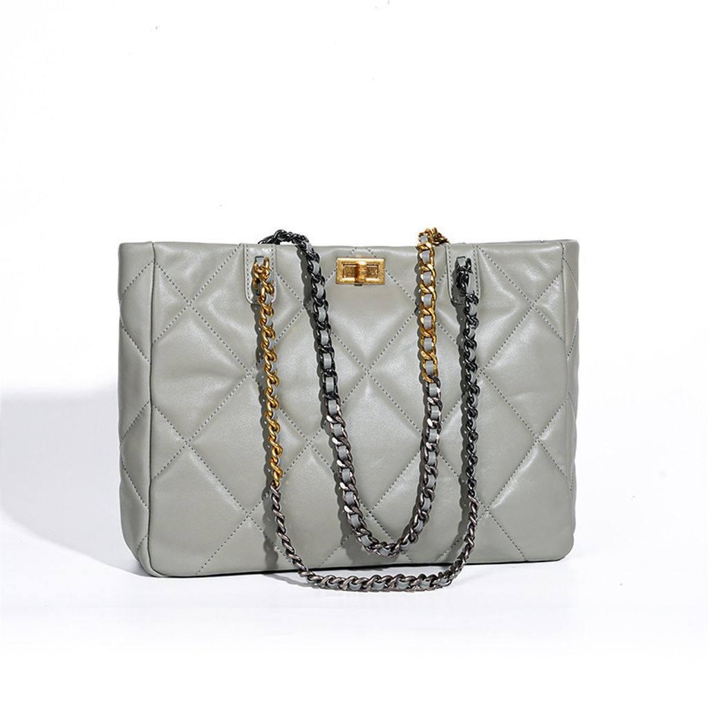 Elegant Quilted Genuine Leather Chain Tote Bag – Haze Blue