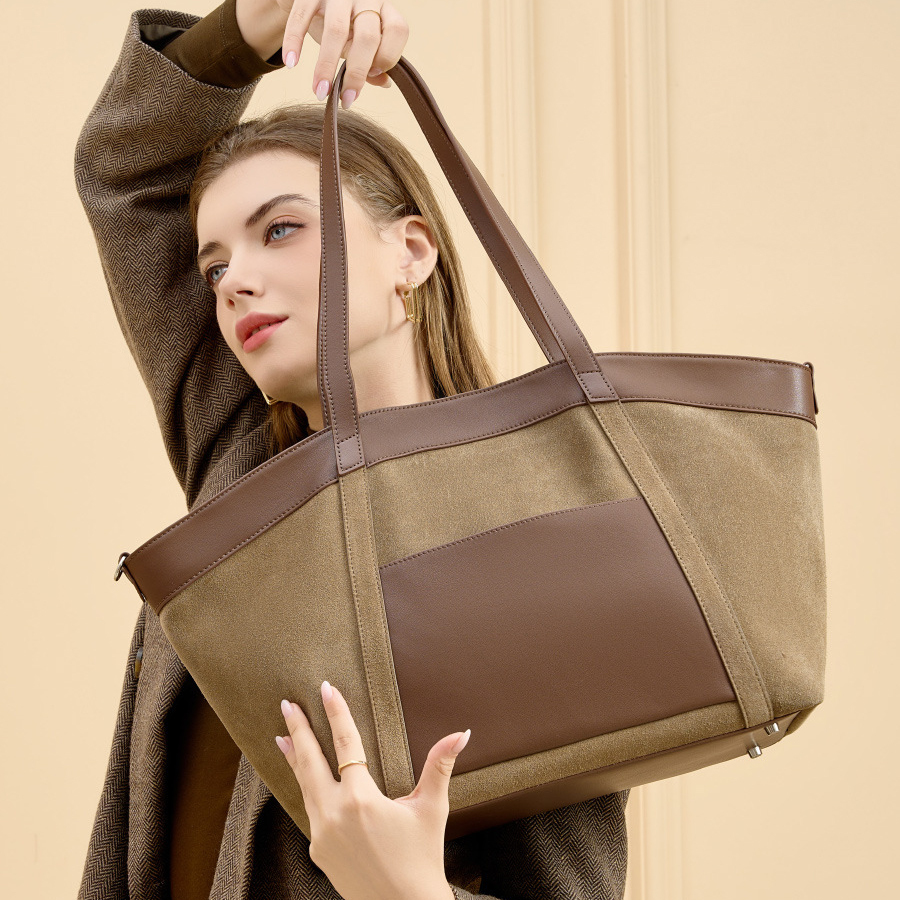 Model showcasing Suede Leather Retro Tote Bag in Khaki