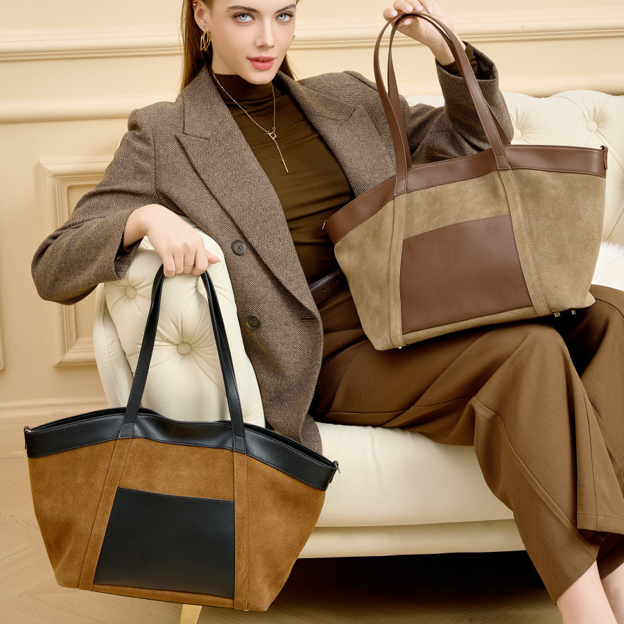 Model showcasing Suede Leather Retro Tote Bag in Khaki and Caramel