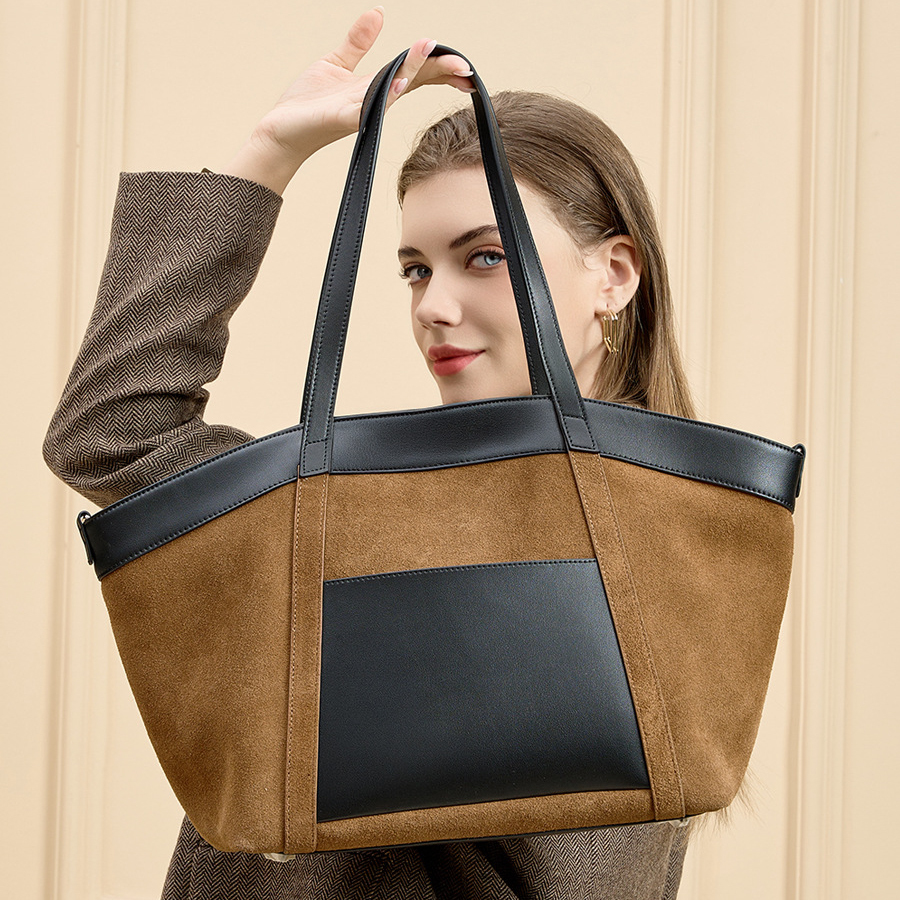 Model showcasing Suede Leather Retro Tote Bag in Caramel