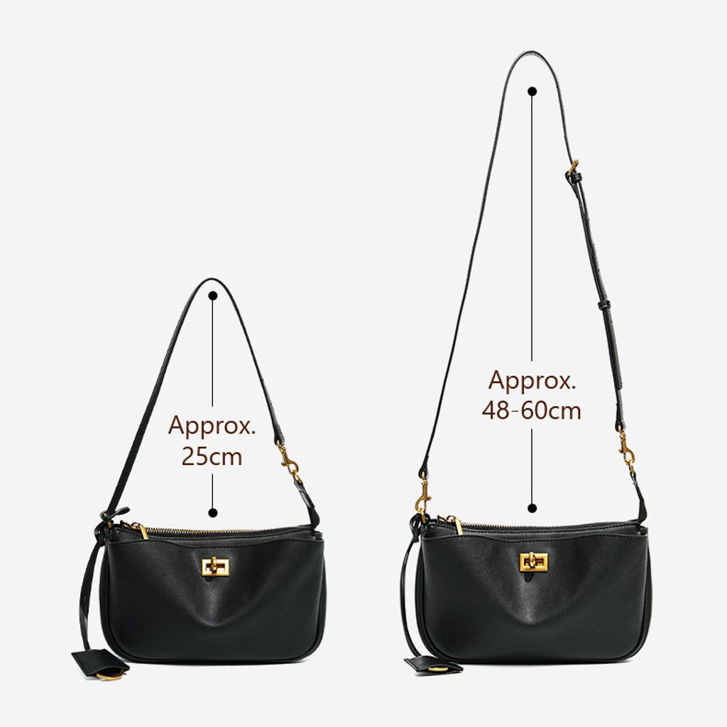 Rodeo Genuine Leather Baguette Bag in Black – Strap Drop Size Reference (Short Strap 25 cm / Long Strap 48–60 cm)