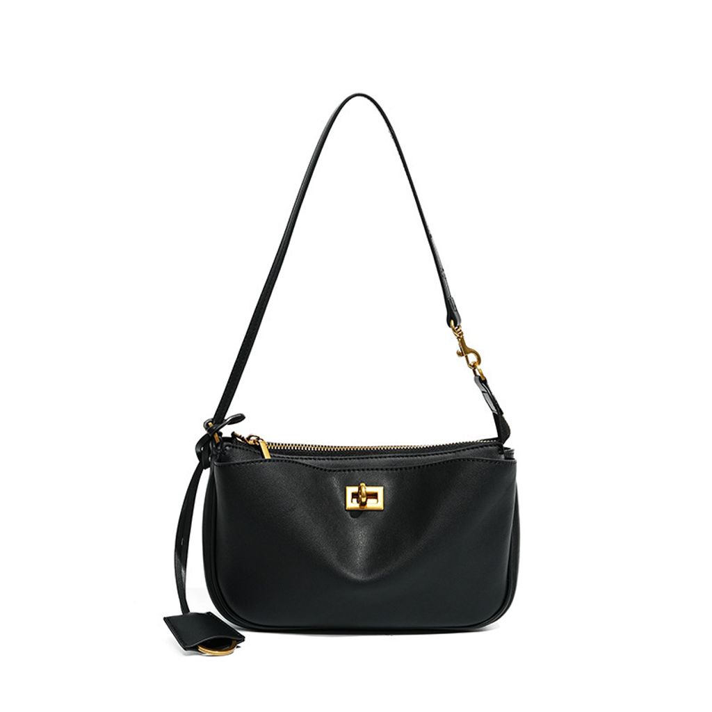 Rodeo Genuine Leather Baguette Bag – Black (Gold-Tone Lock)
