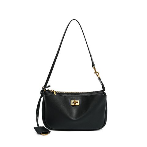 Rodeo Genuine Leather Baguette Bag – Black (Gold-Tone Lock)