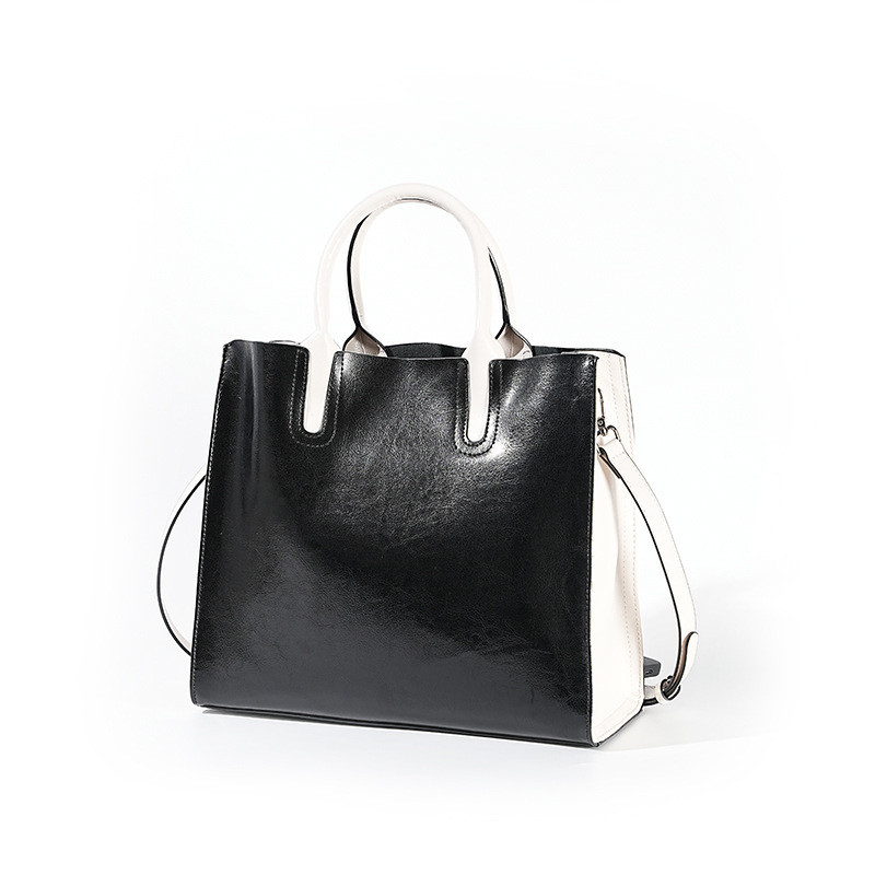 Premium Leather Top Handle Tote Bag – Black White