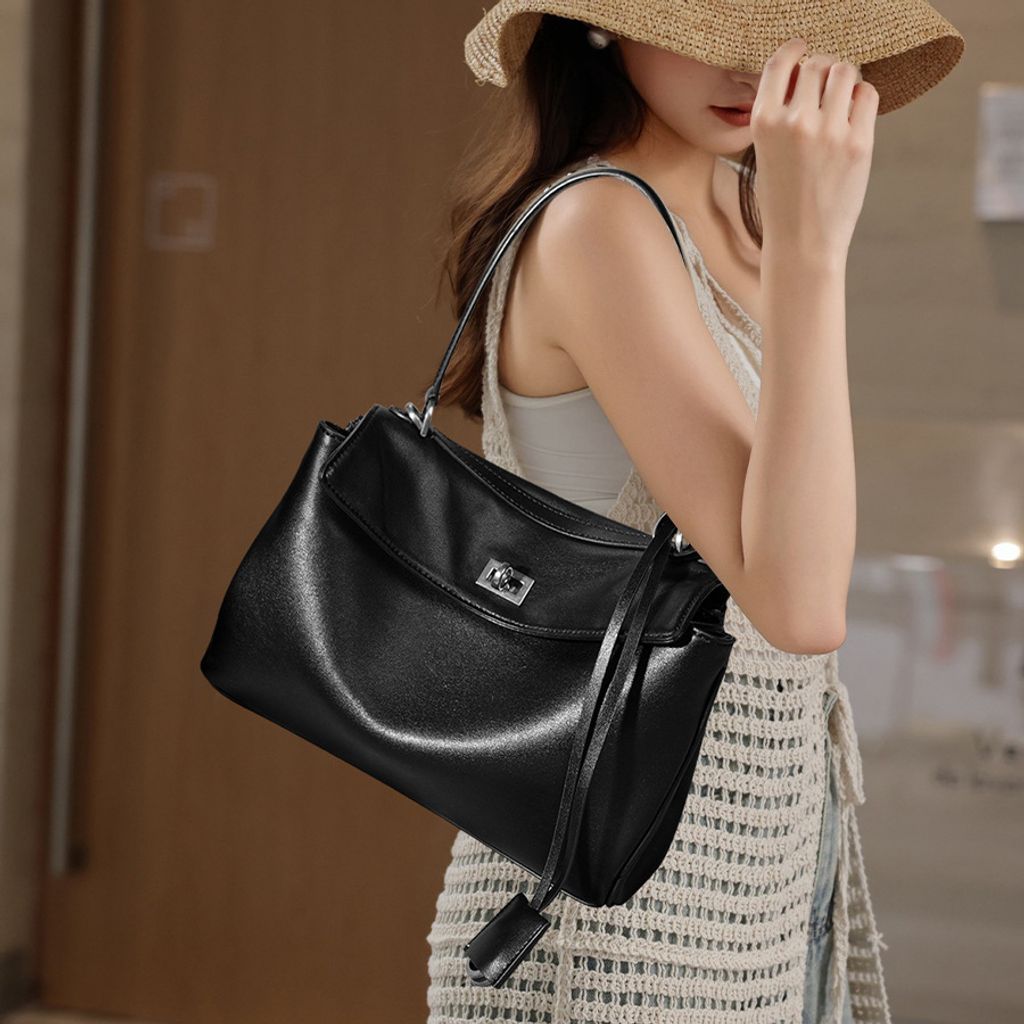 Model showcasing Premium Rodeo Genuine Leather Top Handle Tote Bag in Black (Silver-Tone Lock)