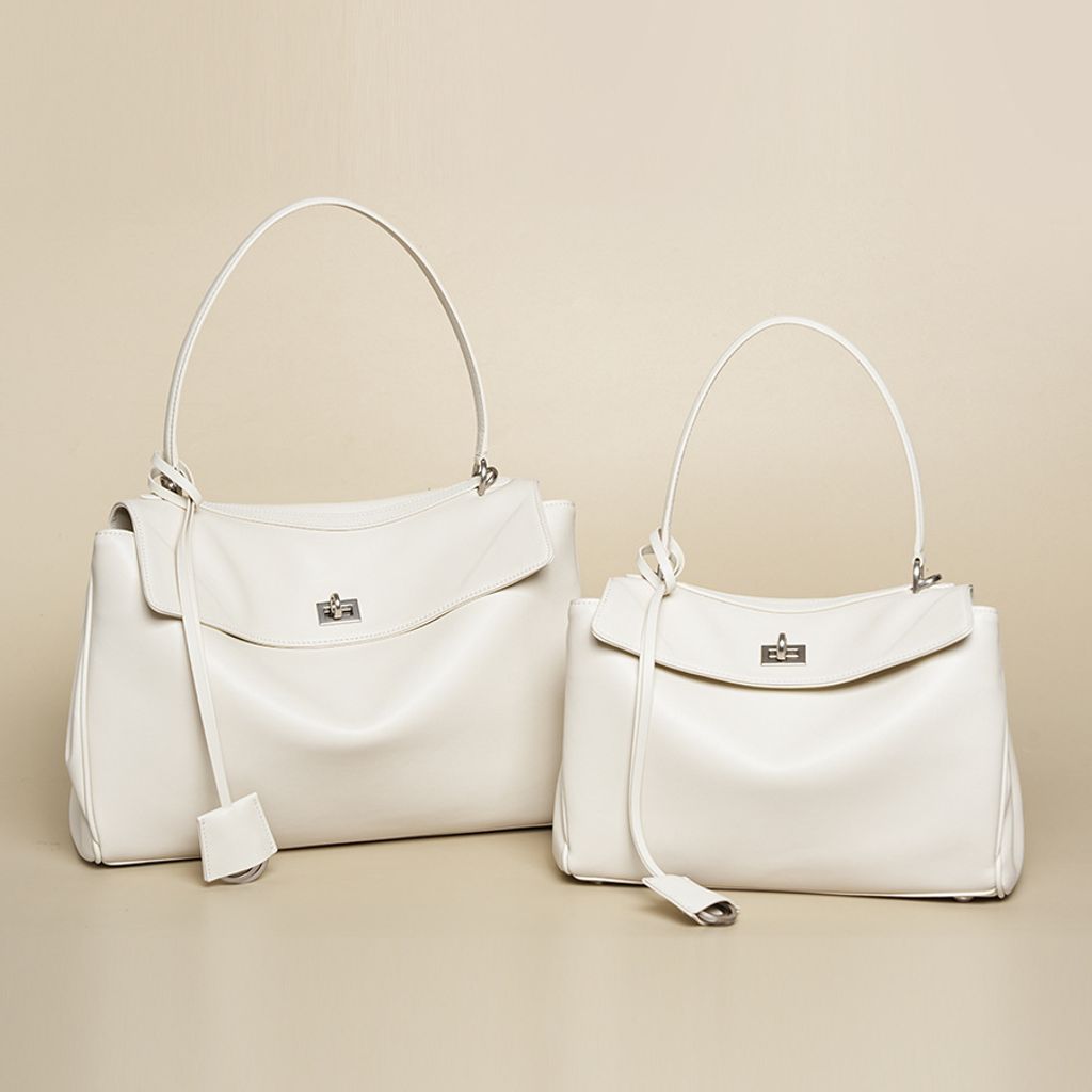 Premium Rodeo Genuine Leather Top Handle Tote Bag in White (Silver-Tone Lock) – Lifestyle Scene of Large and Small Sizes
