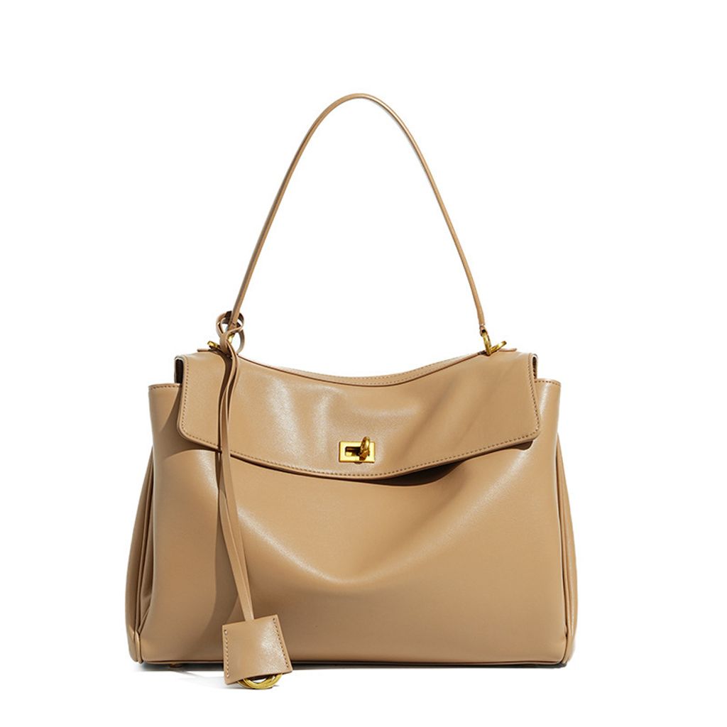 Premium Rodeo Genuine Leather Top Handle Tote Bag – Milk Tea (Gold-Tone Lock) Large Size
