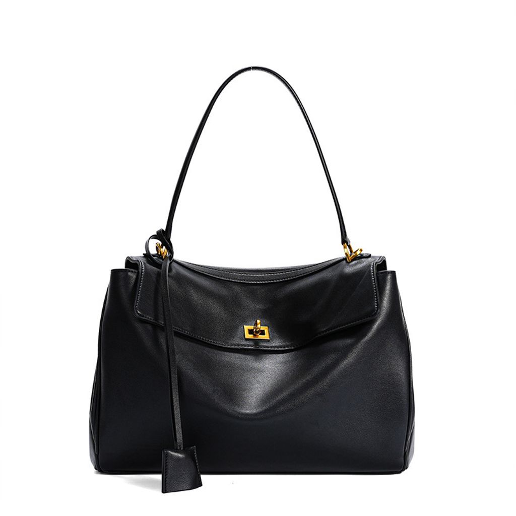 Premium Rodeo Genuine Leather Top Handle Tote Bag – Black (Gold-Tone Lock) Large Size