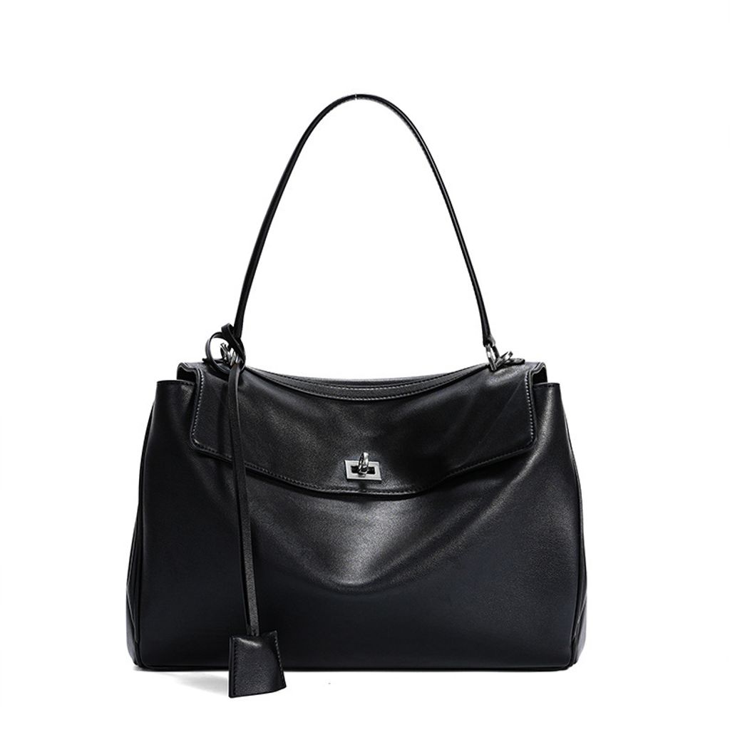 Premium Rodeo Genuine Leather Top Handle Tote Bag – Black (Silver-Tone Lock) Large Size