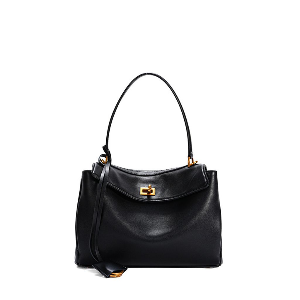 Premium Rodeo Genuine Leather Top Handle Tote Bag – Black (Gold-Tone Lock) Small Size