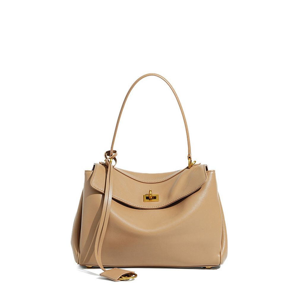 Premium Rodeo Genuine Leather Top Handle Tote Bag – Milk Tea (Gold-Tone Lock) Small Size