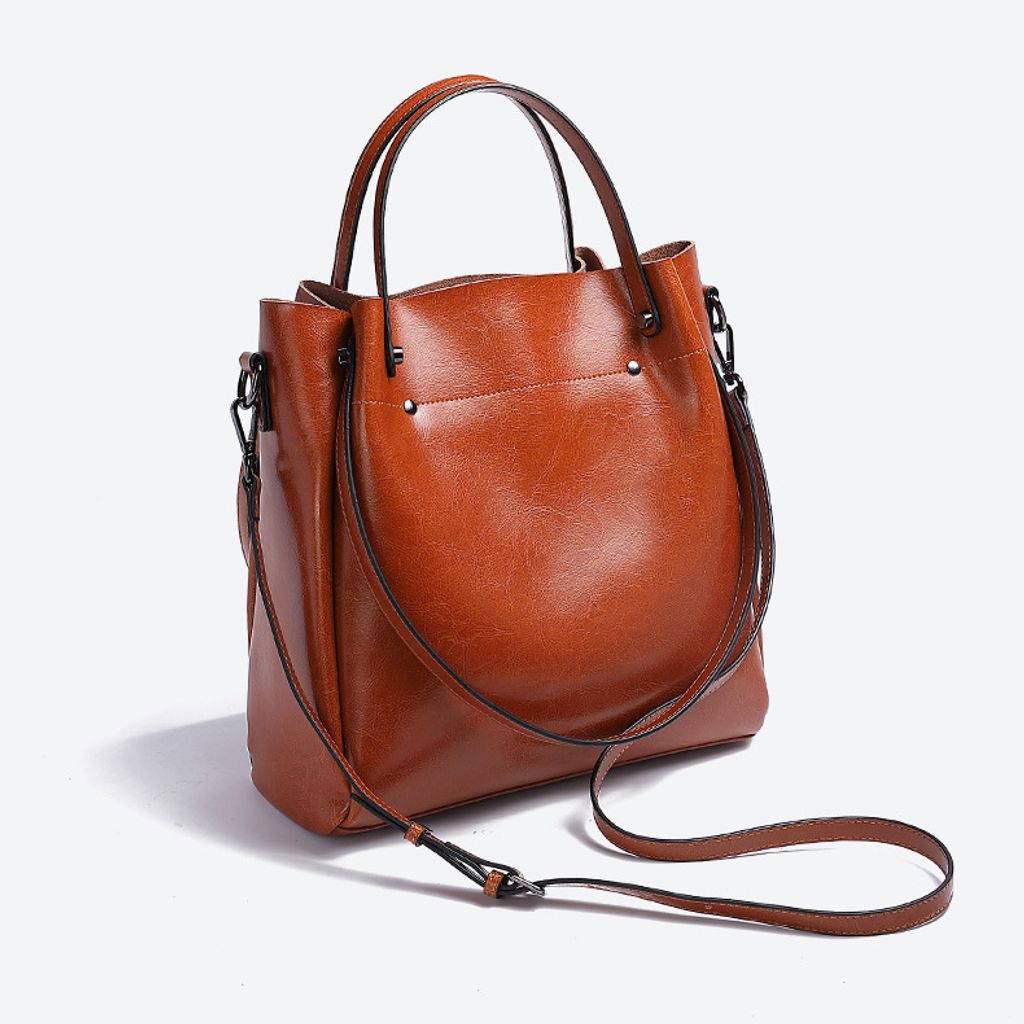 Elegant Oil Waxed Leather Top Handle Tote Bag – Angled View