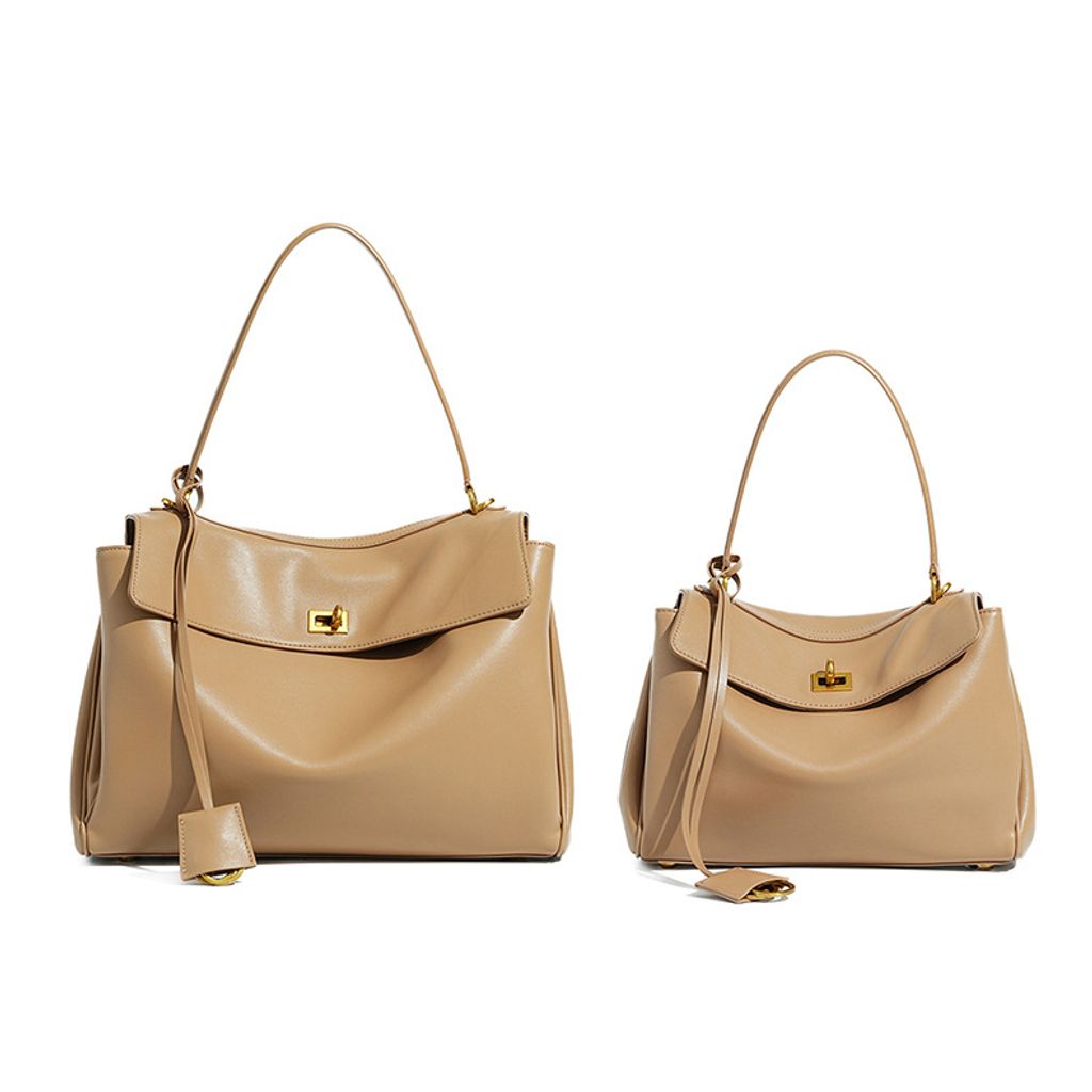 Premium Rodeo Genuine Leather Top Handle Tote Bag – Milk Tea (Gold-Tone Lock) Large and Small Sizes