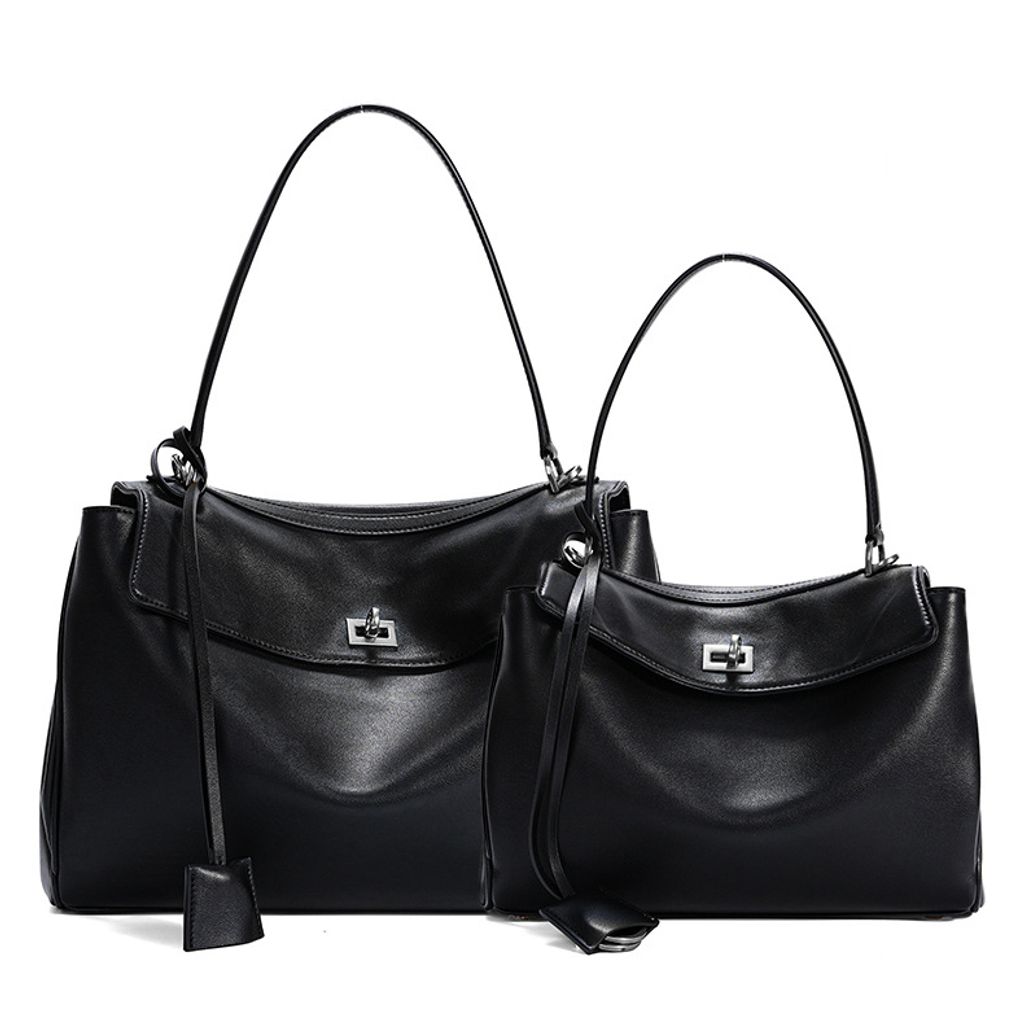 Premium Rodeo Genuine Leather Top Handle Tote Bag – Black (Silver-Tone Lock) Large and Small Sizes