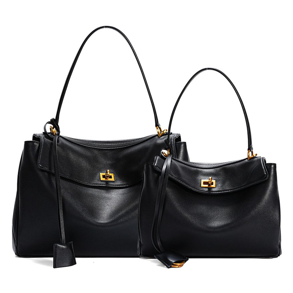 Premium Rodeo Genuine Leather Top Handle Tote Bag – Black (Gold-Tone Lock) Large and Small Sizes