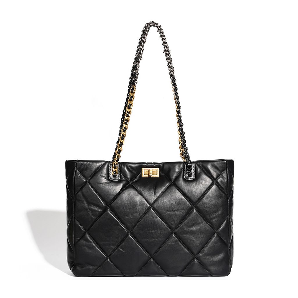 Elegant Quilted Genuine Leather Chain Tote Bag in Black – Front View