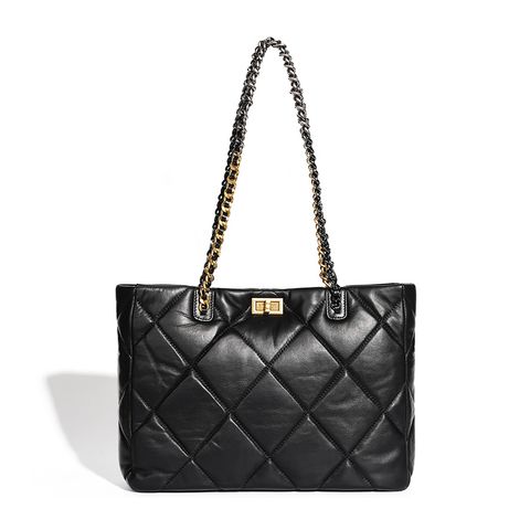 Elegant Quilted Genuine Leather Chain Tote Bag in Black – Front View
