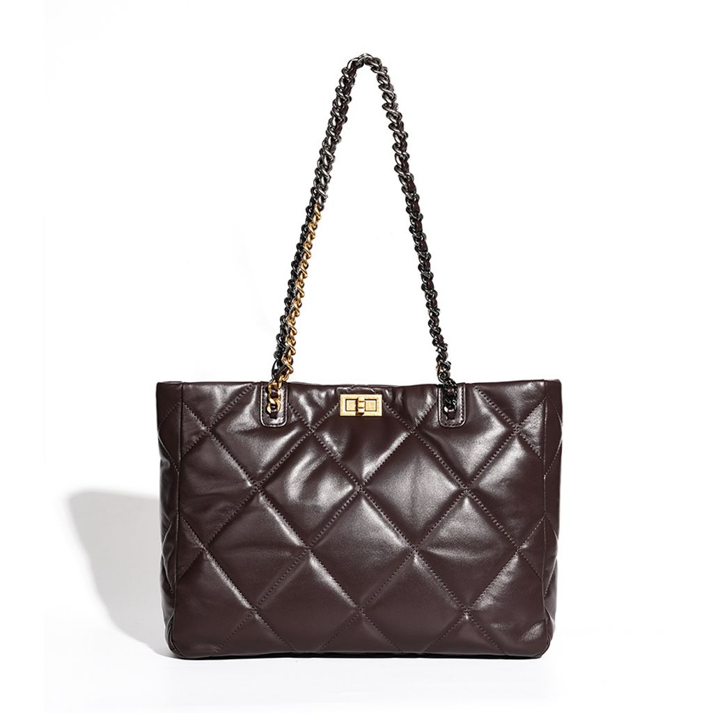 Elegant Quilted Genuine Leather Chain Tote Bag in Coffee – Front View