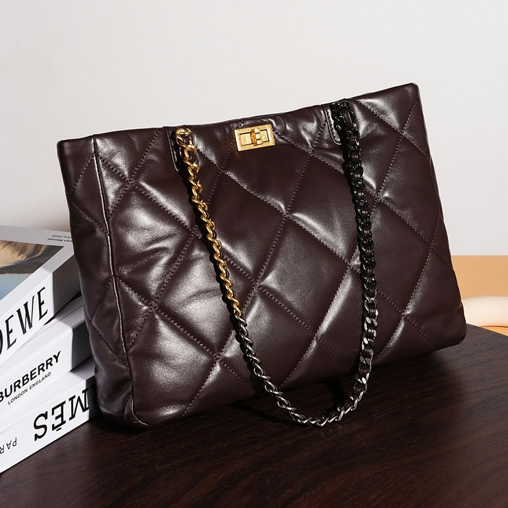 Elegant Quilted Genuine Leather Chain Tote Bag in Black – Lifestyle Shot