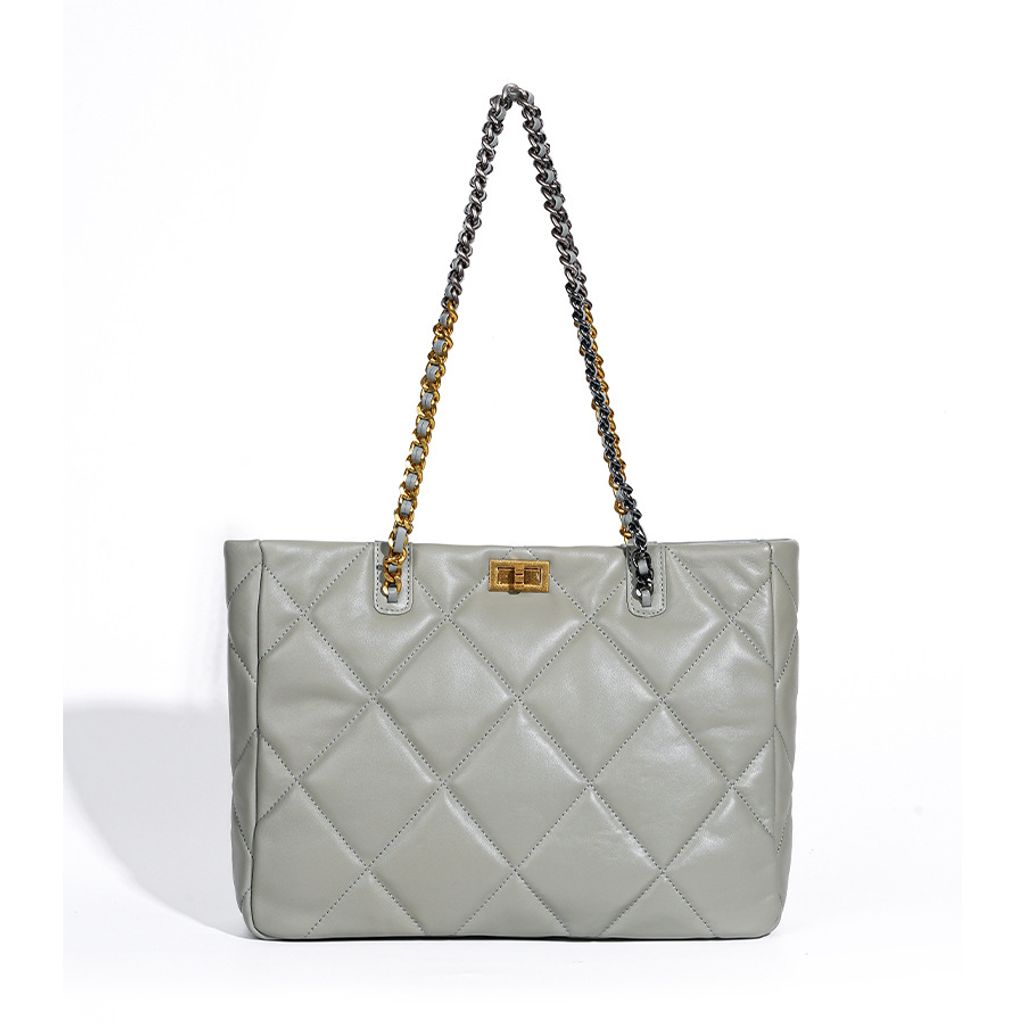Elegant Quilted Genuine Leather Chain Tote Bag in Haze Blue – Front View