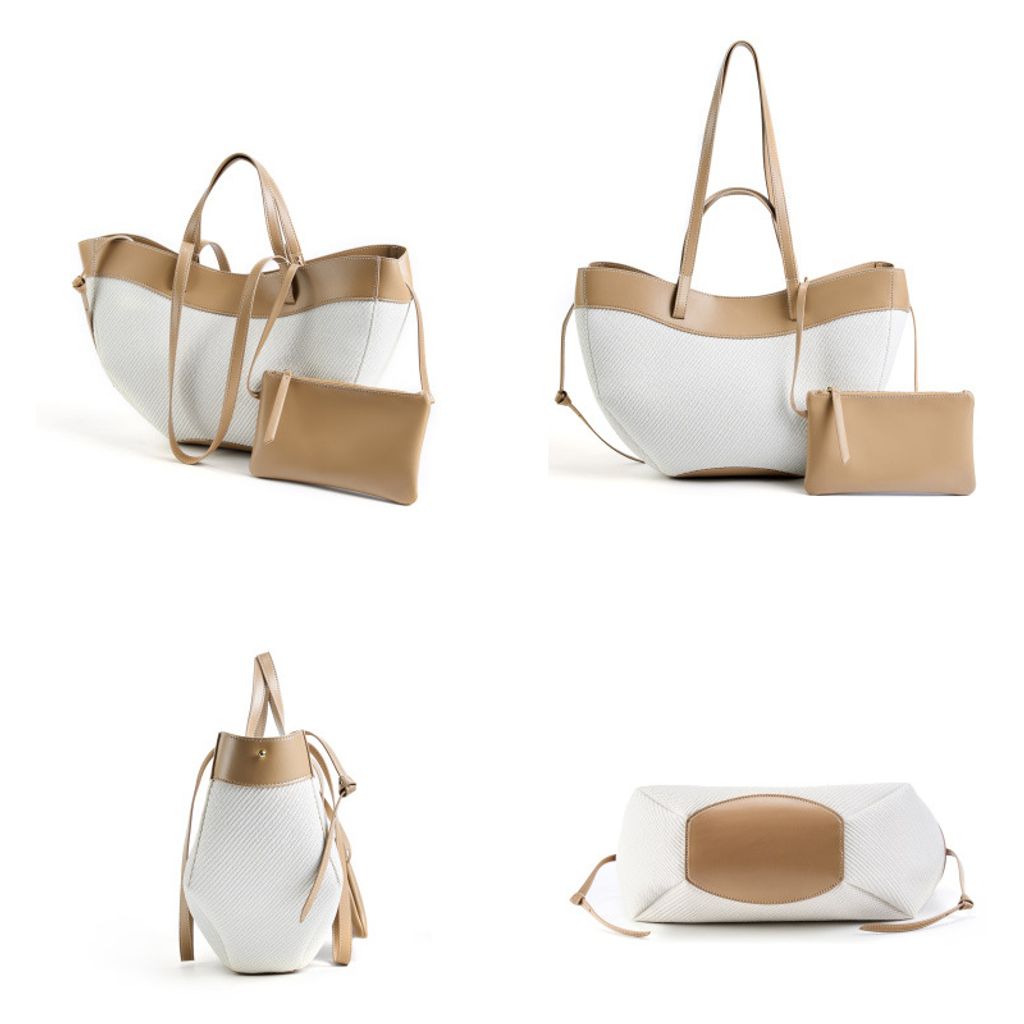 Wing Curve Genuine Leather Tote Bag - multiple angles: angled, back, side, and bottom view