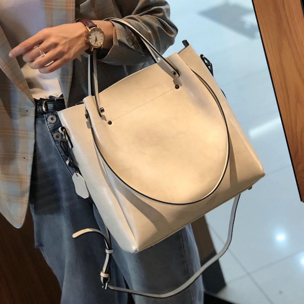 Elegant Oil Waxed Leather Top Handle Tote Bag – White