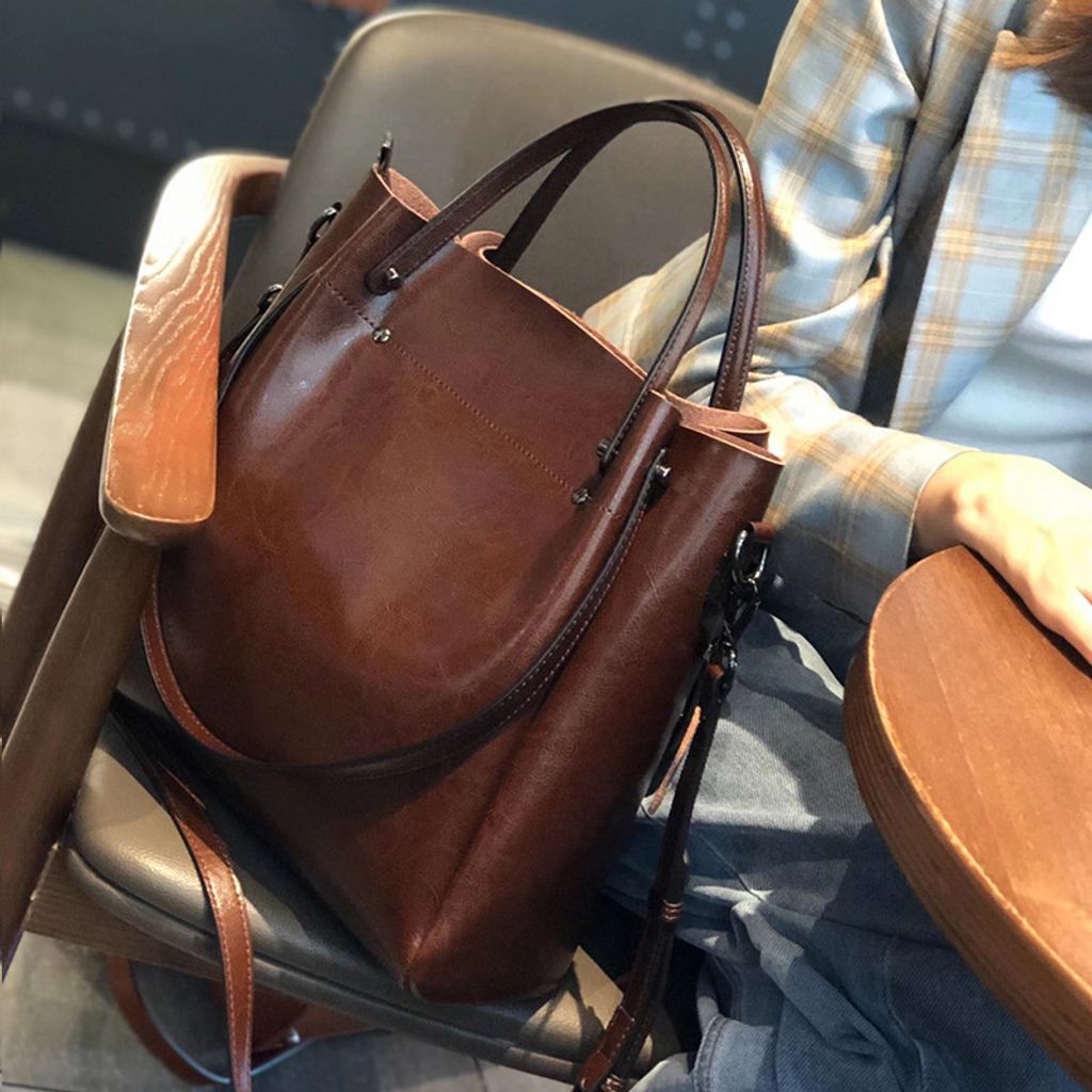 Elegant Oil Waxed Leather Top Handle Tote Bag – Coffee