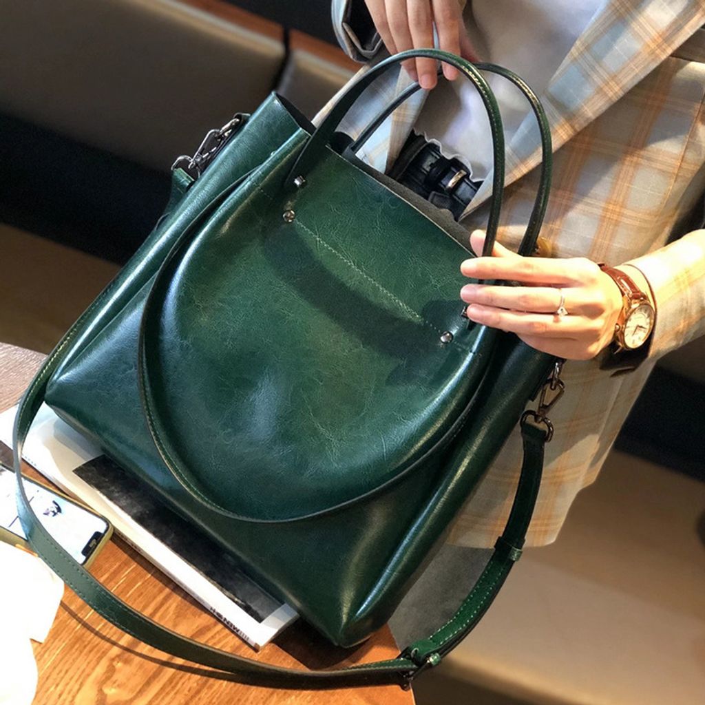 Elegant Oil Waxed Leather Top Handle Tote Bag – Fruit Green