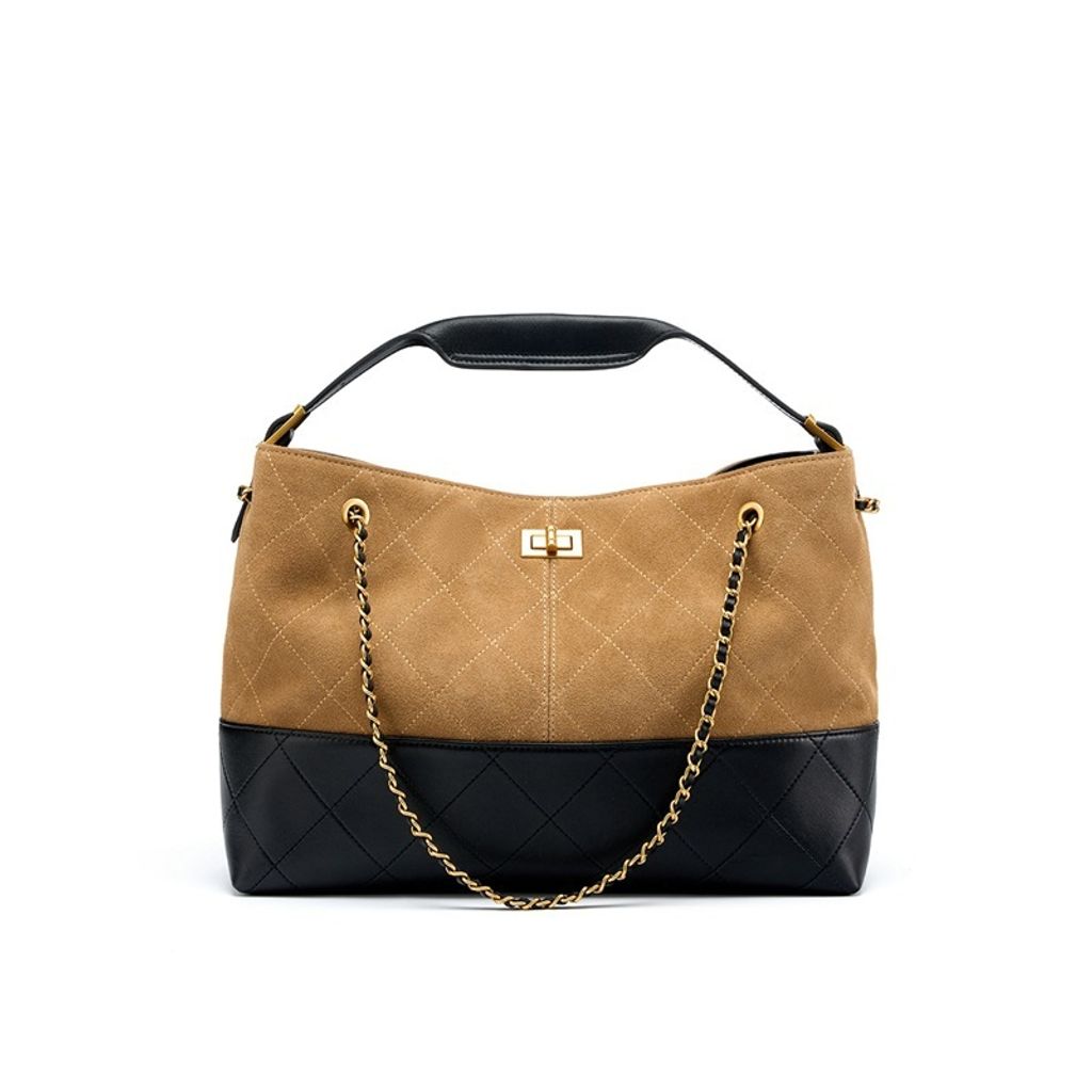 Premium Genuine Leather Two-Tone Chain Bucket Bag – Brown