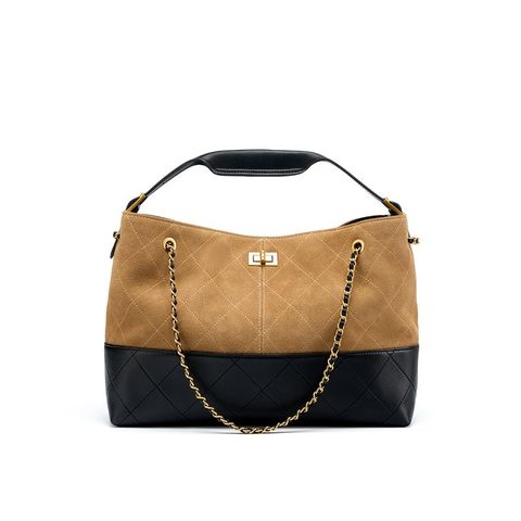 Premium Genuine Leather Two-Tone Chain Bucket Bag – Brown