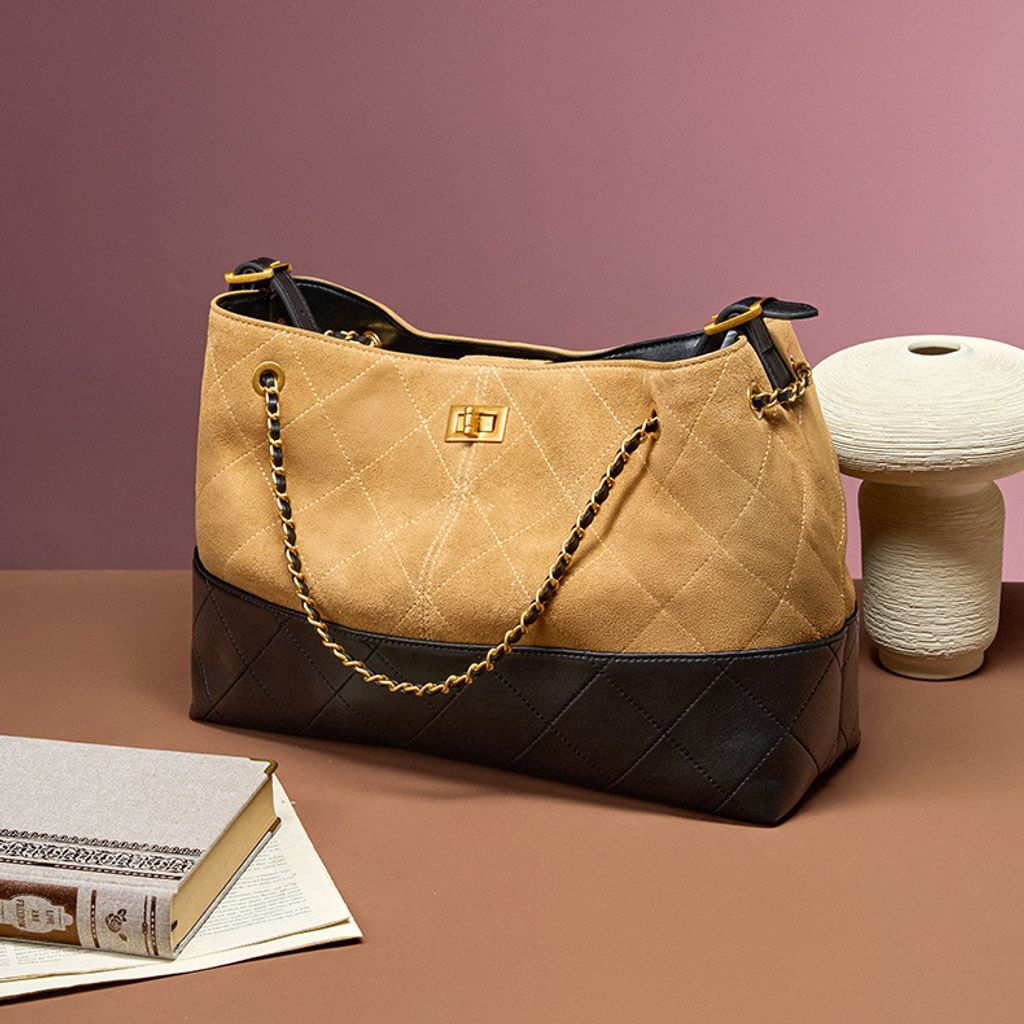 Premium Genuine Leather Two-Tone Chain Bucket Bag in Brown – Lifestyle Shot