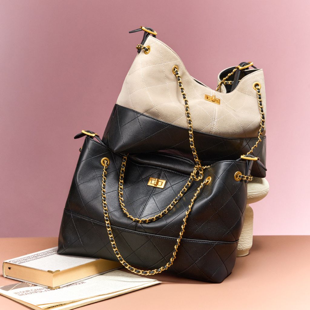 Premium Genuine Leather Two-Tone Chain Bucket Bag in Gray and Black – Lifestyle Shot