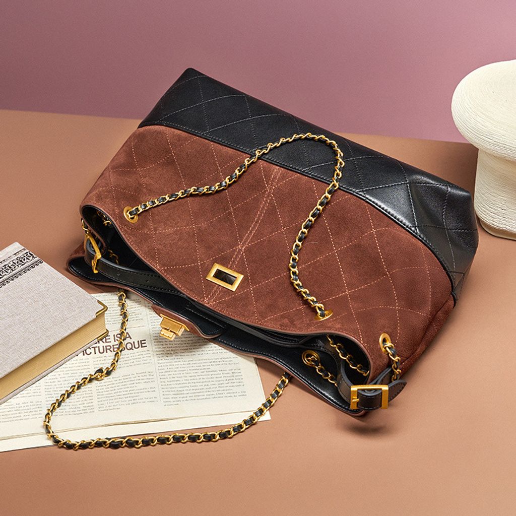 Premium Genuine Leather Two-Tone Chain Bucket Bag in Coffee – Lifestyle Shot