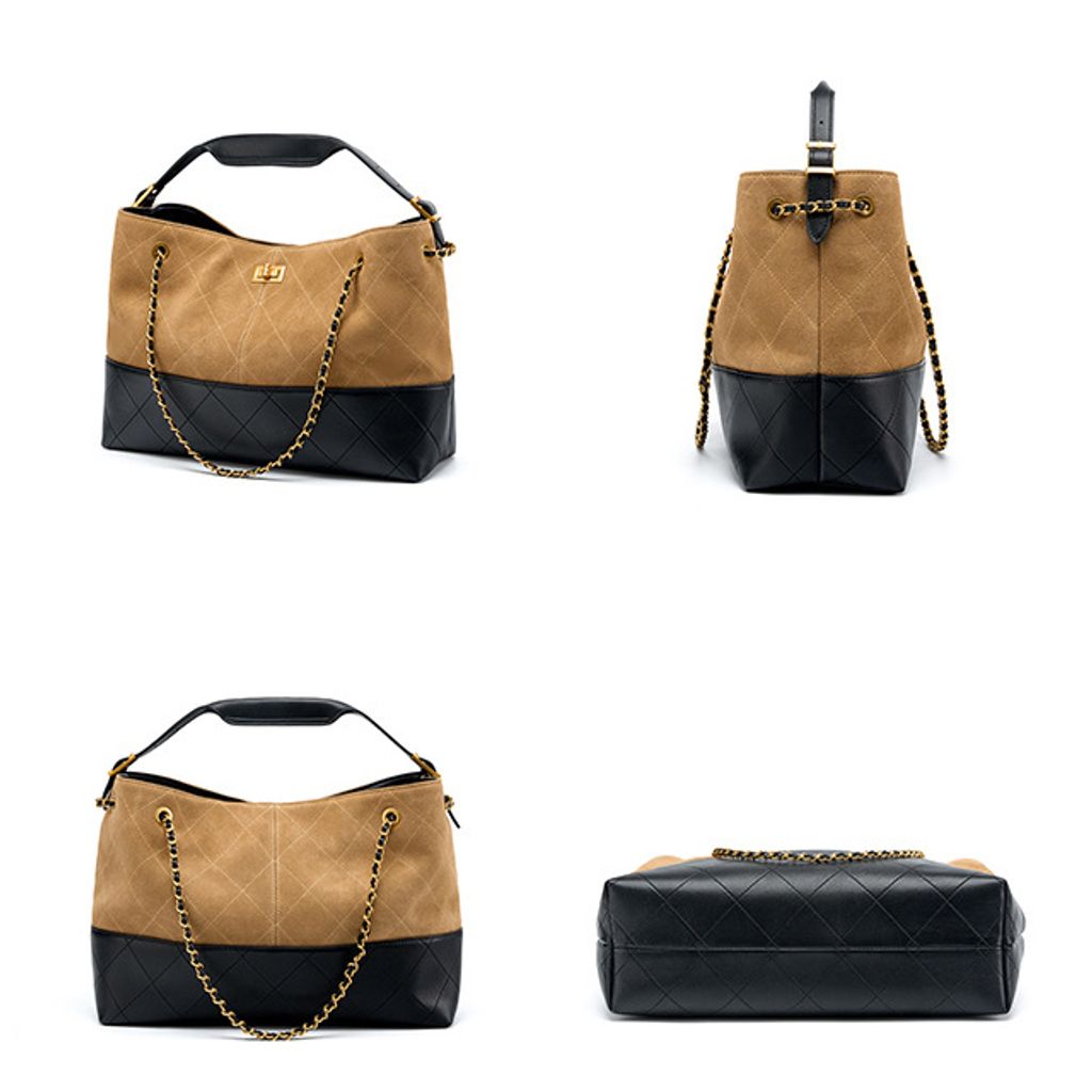 Premium Genuine Leather Two-Tone Chain Bucket Bag – Multiple Angles