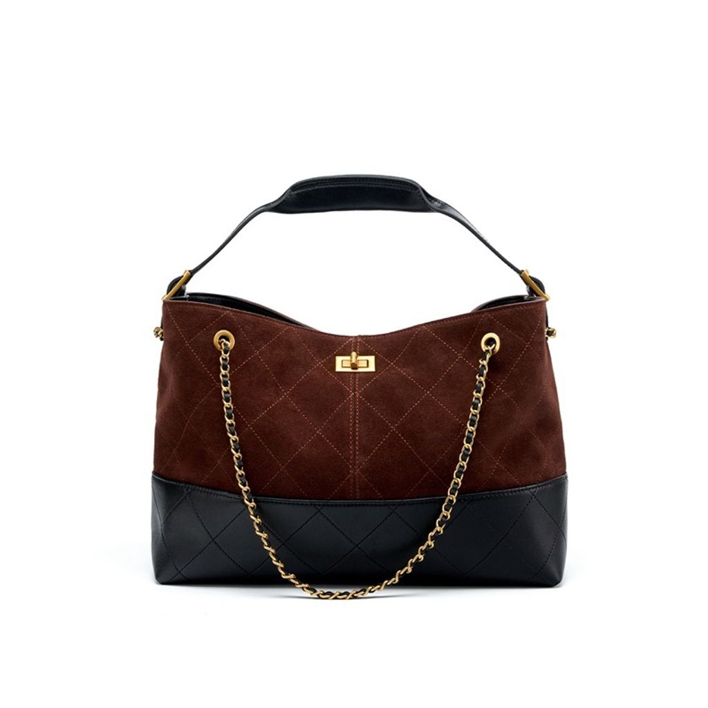 Premium Genuine Leather Two-Tone Chain Bucket Bag – Coffee